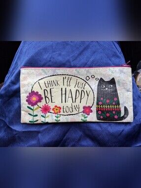 Be Happy Today Floral Cat Zip Pouch - Pink Accent